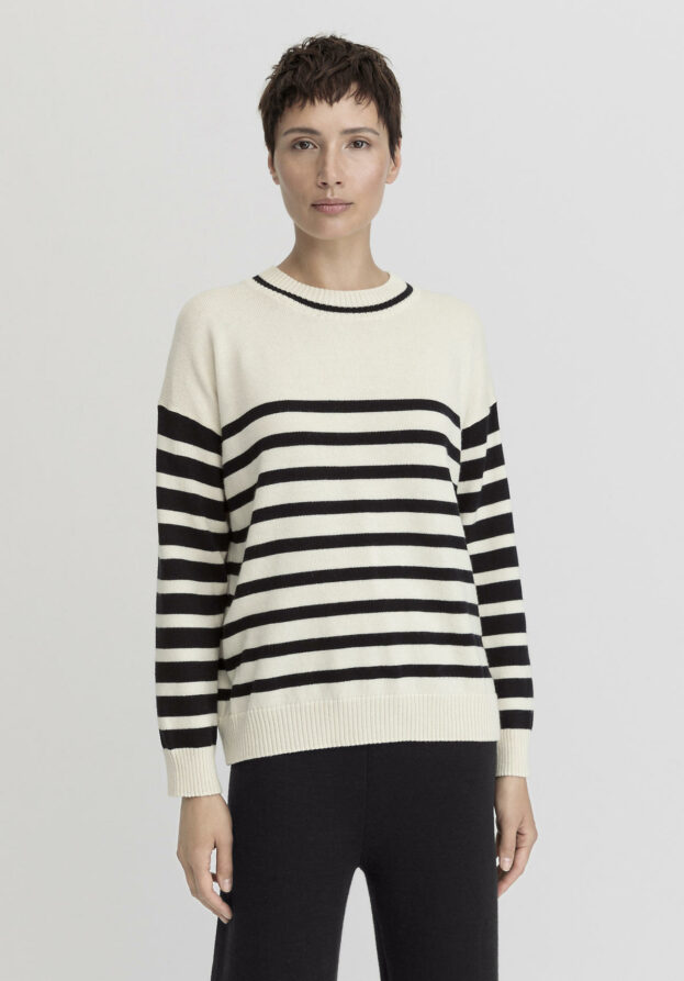 hessnatur Damen Strickpullover Streifen Relaxed aus Bio-Merinowolle und Bio-Baumwolle - schwarz - Größe M