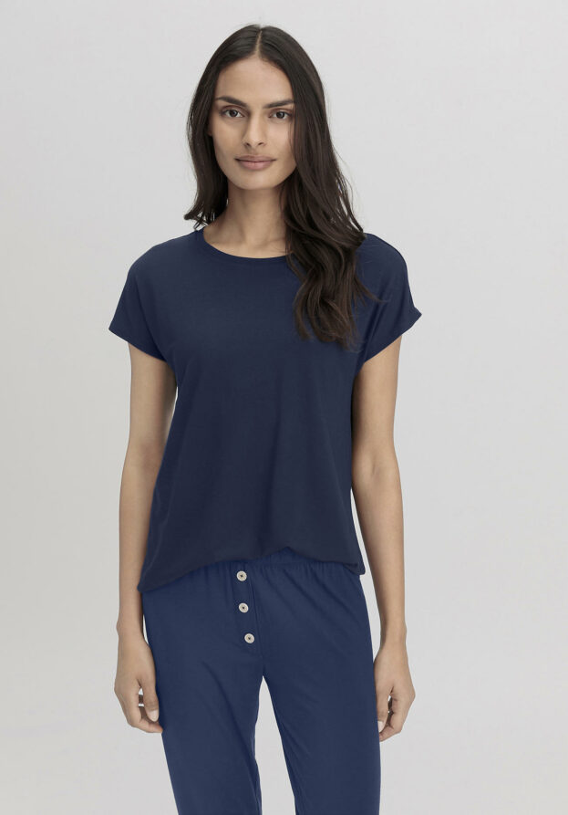 hessnatur Damen Kurzarm Schlafshirt Relaxed PURE FLOW aus TENCEL™ Modal - blau - Größe 42