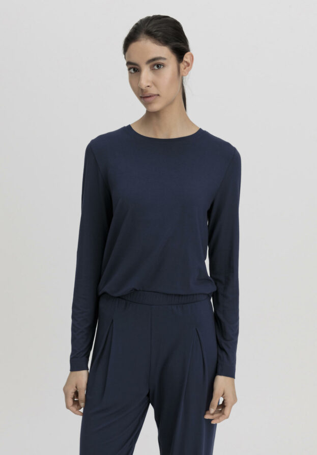 hessnatur Damen Langarm Schlafshirt Regular PURE FLOW aus TENCEL™ Modal - blau - Größe 34
