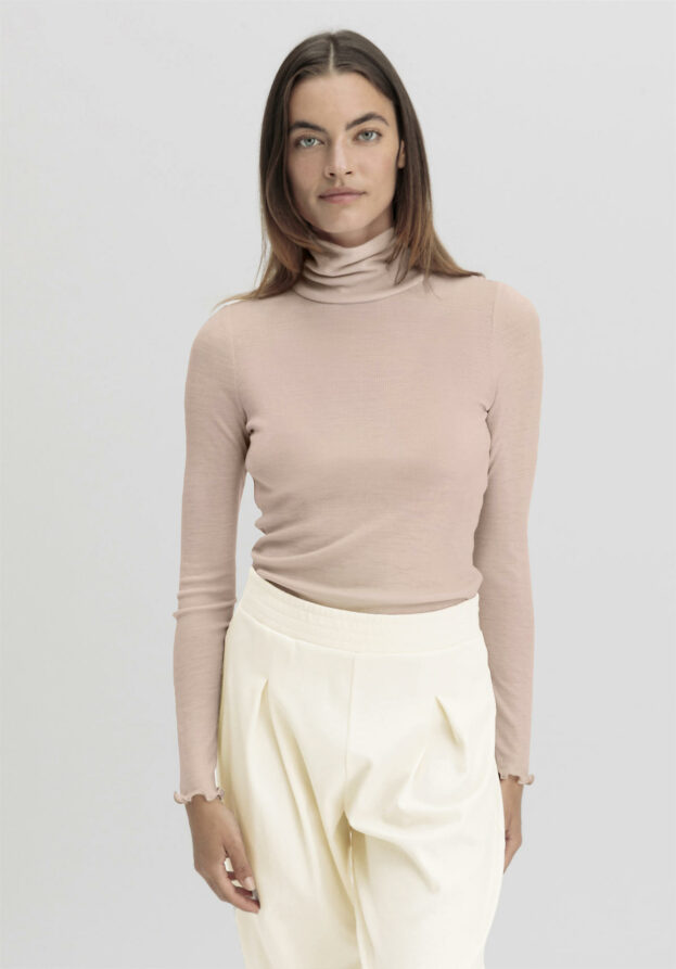 hessnatur Damen Longsleeve mit Rollkragen Fitted WARM TOUCH aus Bio-Merinowolle und TENCEL™ Lyocell - beige - Größe 34