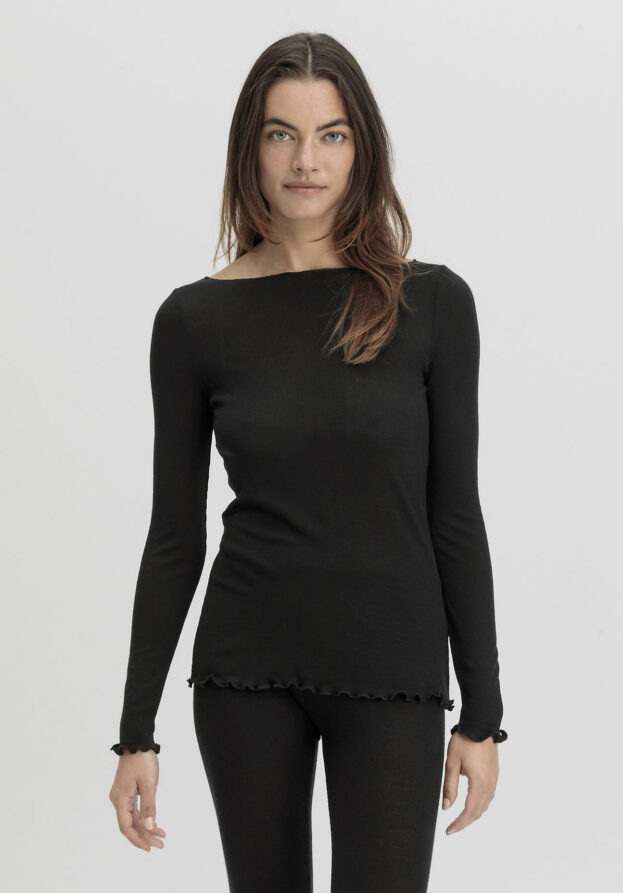 hessnatur Damen Longsleeve Fitted WARM TOUCH aus Bio-Merinowolle und TENCEL™ Lyocell - schwarz - Größe 36
