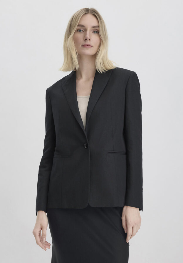 hessnatur Damen Blazer Relaxed aus Bio-Baumwolle mit Leinen - schwarz - Größe 42
