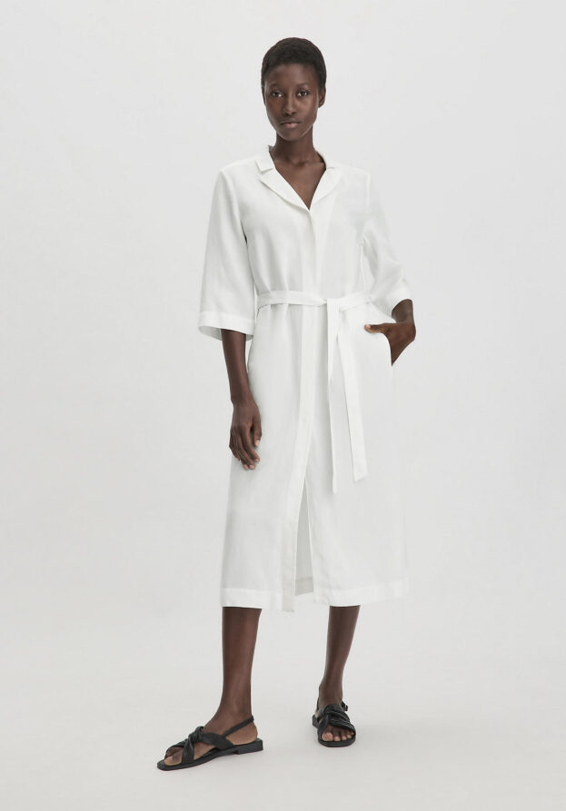 hessnatur Damen Kleid Midi Relaxed aus TENCEL Lyocell mit Leinen - weiß - Größe 36