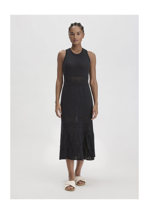 hessnatur Damen Ajour Strick Kleid Midi Fitted aus Bio-Baumwolle - schwarz - Größe 34