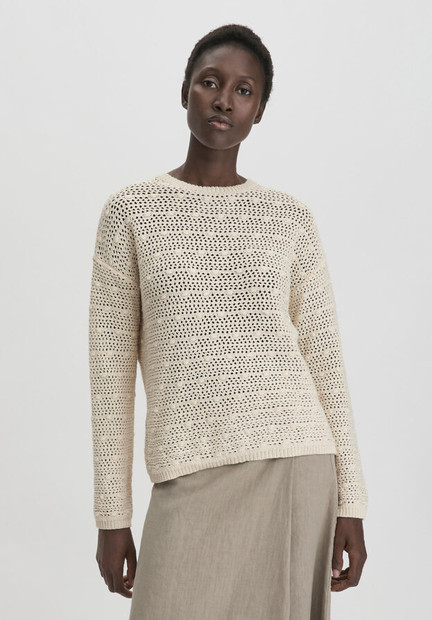 hessnatur Damen Ajour Strick Pullover Relaxed aus Bio-Baumwolle - beige - Größe M