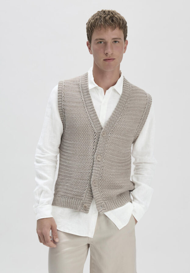 hessnatur Herren Ajour Strick Weste Regular aus Bio-Baumwolle mit Leinen - beige - Größe 52