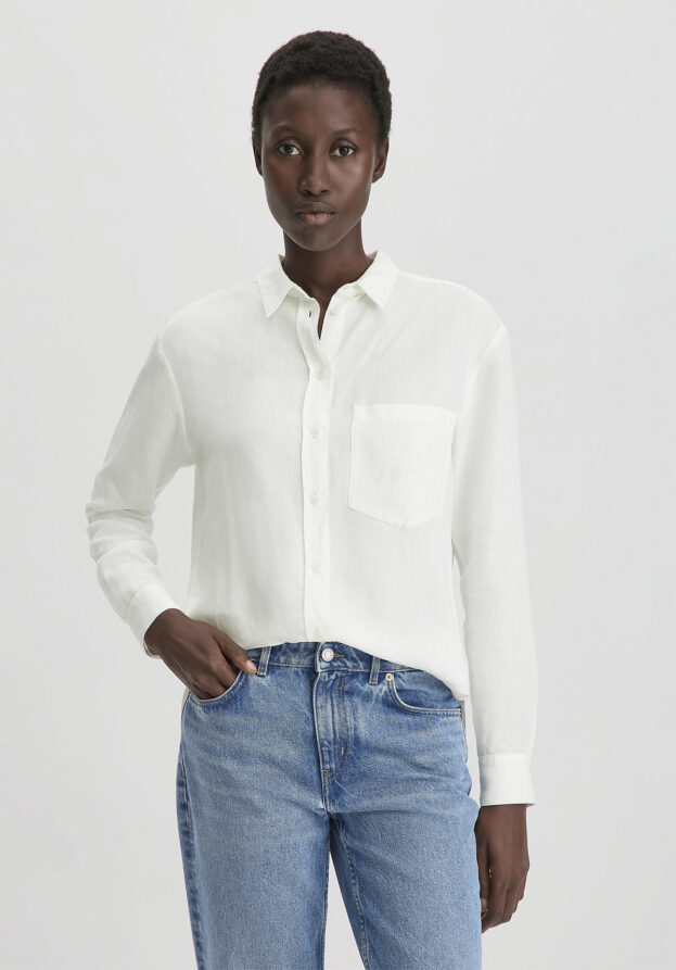 hessnatur Damen Bluse Relaxed aus weichem TENCEL™ Lyocell mit Leinen - weiß - Größe 42