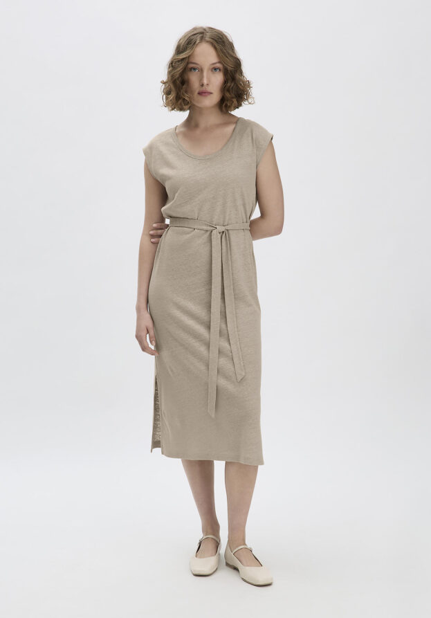hessnatur Damen Jersey Kleid Midi Relaxed aus Leinen und Bio-Baumwolle - beige - Größe 48