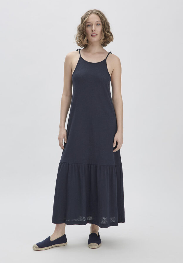 hessnatur Damen Jersey Kleid Midi Relaxed aus Leinen und Bio-Baumwolle - blau - Größe 44