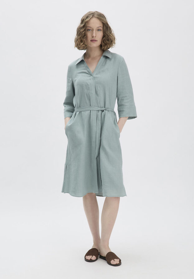 hessnatur Damen Kleid Knielang Relaxed aus Leinen - grün - Größe 40