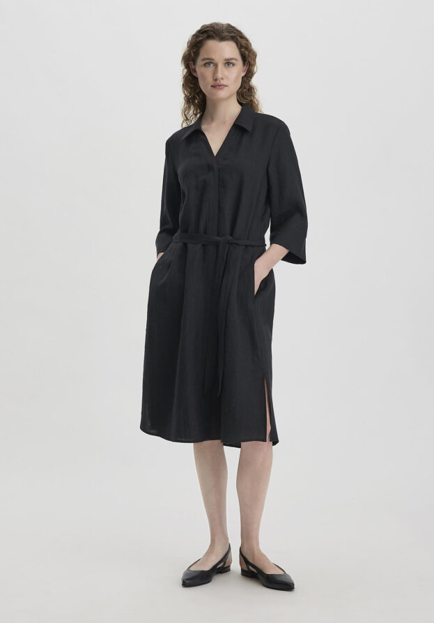 hessnatur Damen Kleid Knielang Relaxed aus Leinen - schwarz - Größe 44