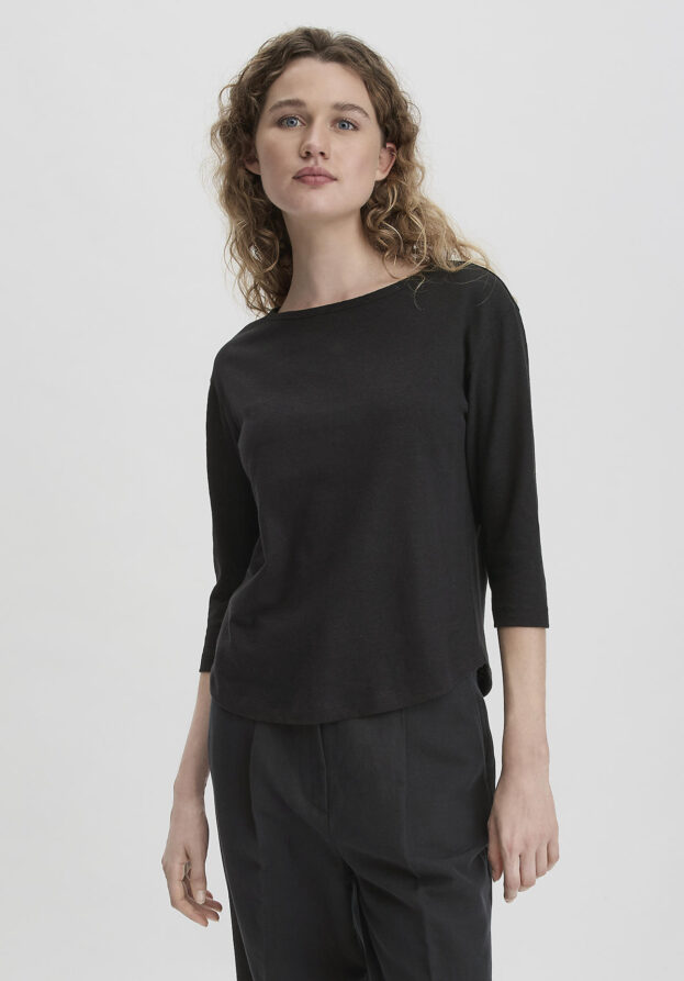 hessnatur Damen Longsleeve Relaxed aus Leinen mit reiner Bio-Baumwolle - schwarz - Größe 34