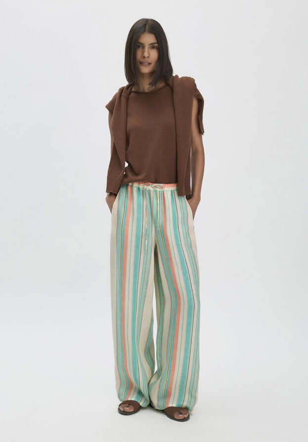 hessnatur Damen Streifen Hose Straight Leg Relaxed aus Leinen - grün - Größe 46