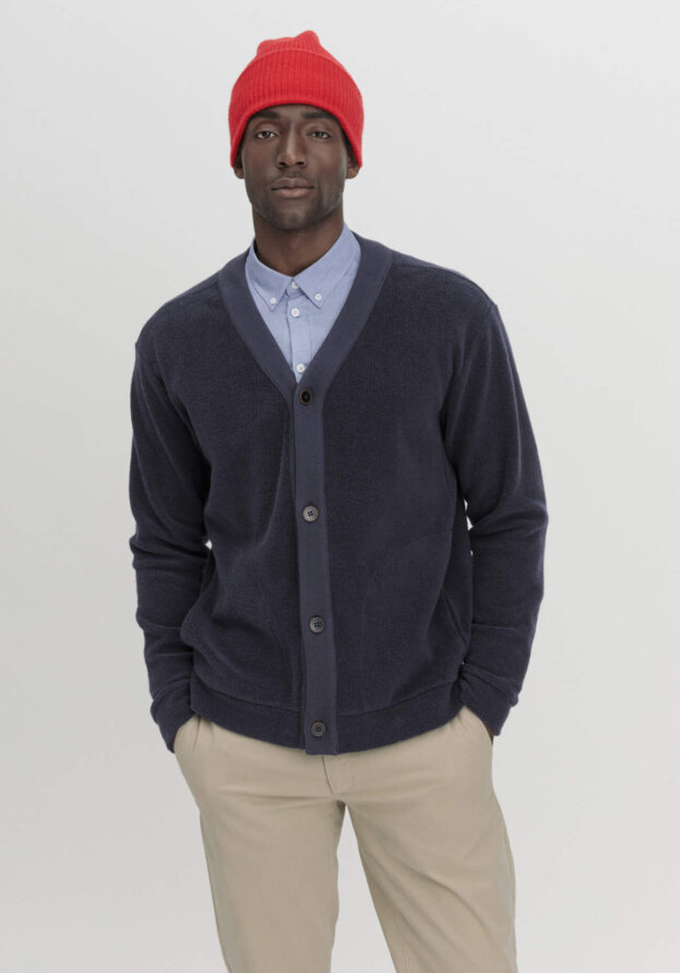 hessnatur Herren Fleece Cardigan Relaxed aus Bio-Baumwolle - blau - Größe 48