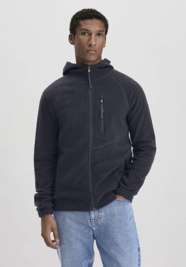 hessnatur Herren Fleece Jacke Kapuze Regular aus Bio-Baumwolle - blau - Größe 50