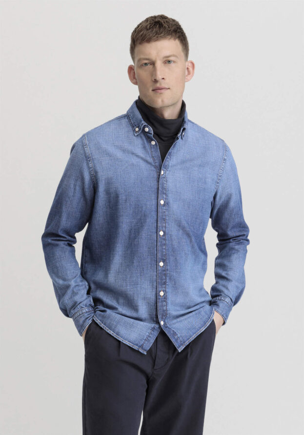 hessnatur Herren Jeans Hemd Regular aus Bio-Denim - blau - Größe M (41/42)