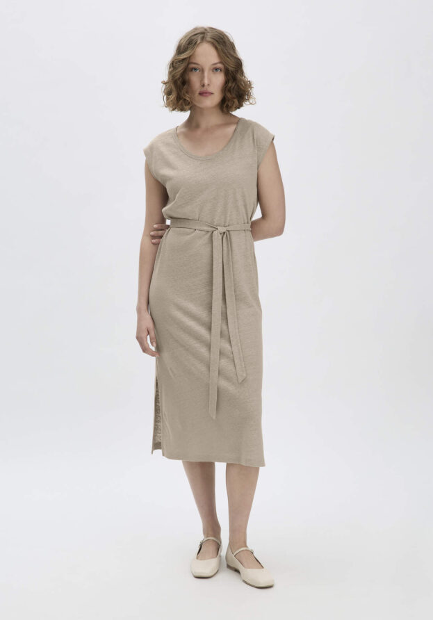 hessnatur Damen Jersey Kleid Midi Relaxed aus Leinen und Bio-Baumwolle - beige - Größe 34