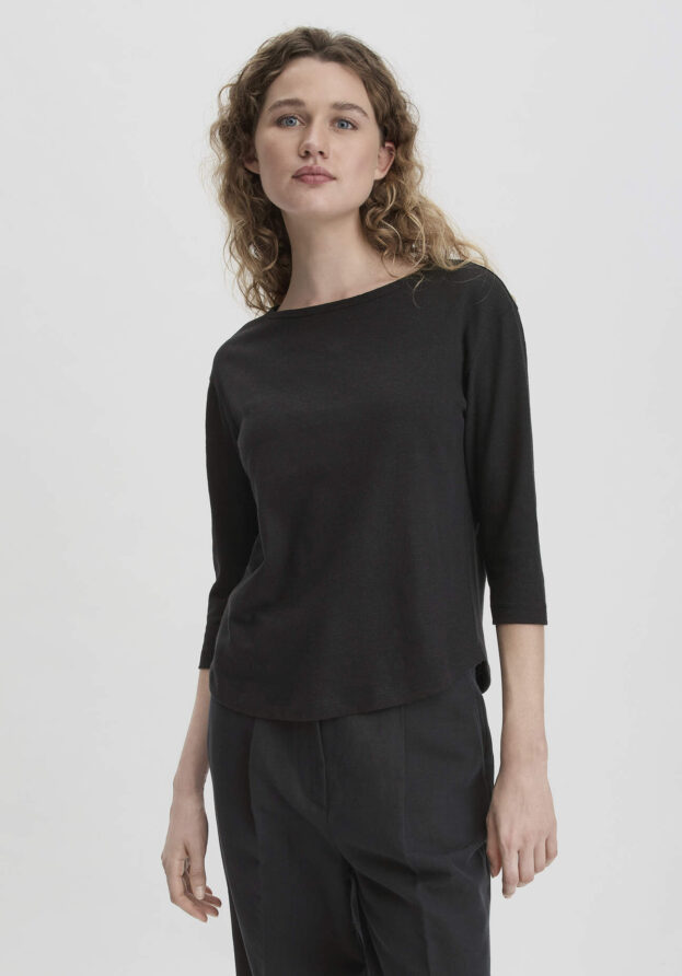 hessnatur Damen Longsleeve Relaxed aus Leinen mit reiner Bio-Baumwolle - schwarz - Größe 42