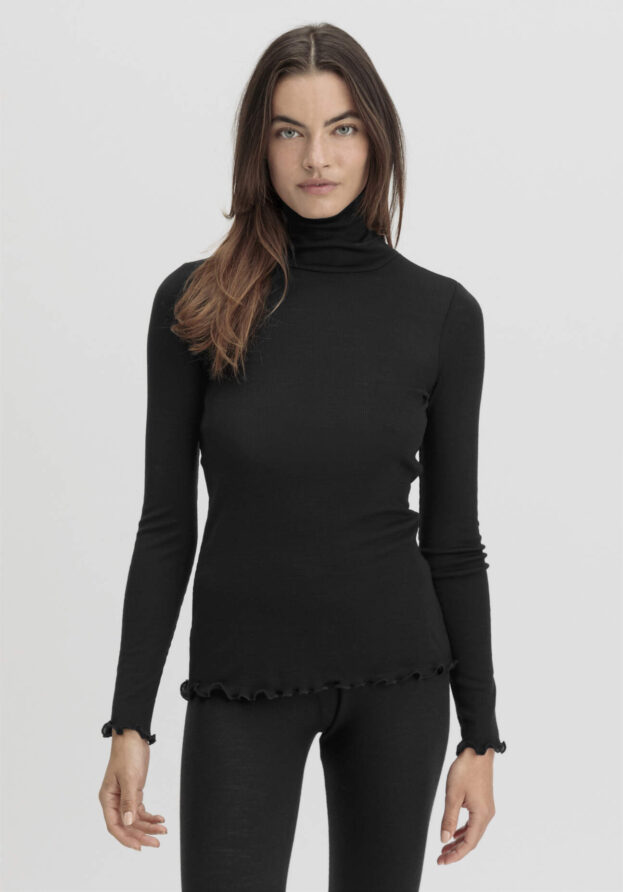 hessnatur Damen Longsleeve mit Rollkragen Fitted WARM TOUCH aus Bio-Merinowolle und TENCEL™ Lyocell - schwarz - Größe 48