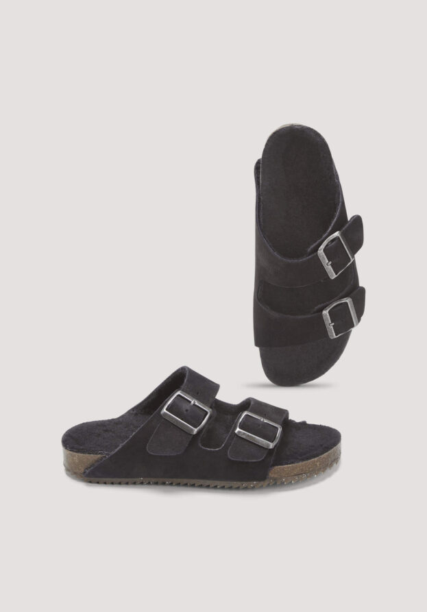hessnatur Hausschuhe Pantolette Teddy aus chromfrei gegerbtem Nubuk-Leder - schwarz - Größe 38