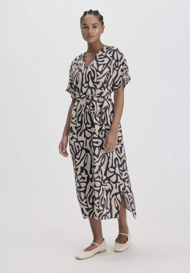 hessnatur Damen Print Kleid Midi Oversize aus Leinen - schwarz - Größe 40