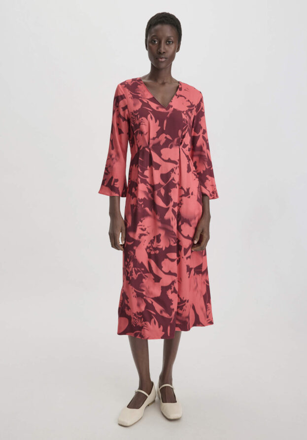 hessnatur Damen Print Kleid Midi Relaxed aus LENZING™ ECOVERO™ Viskose - braun - Größe 36