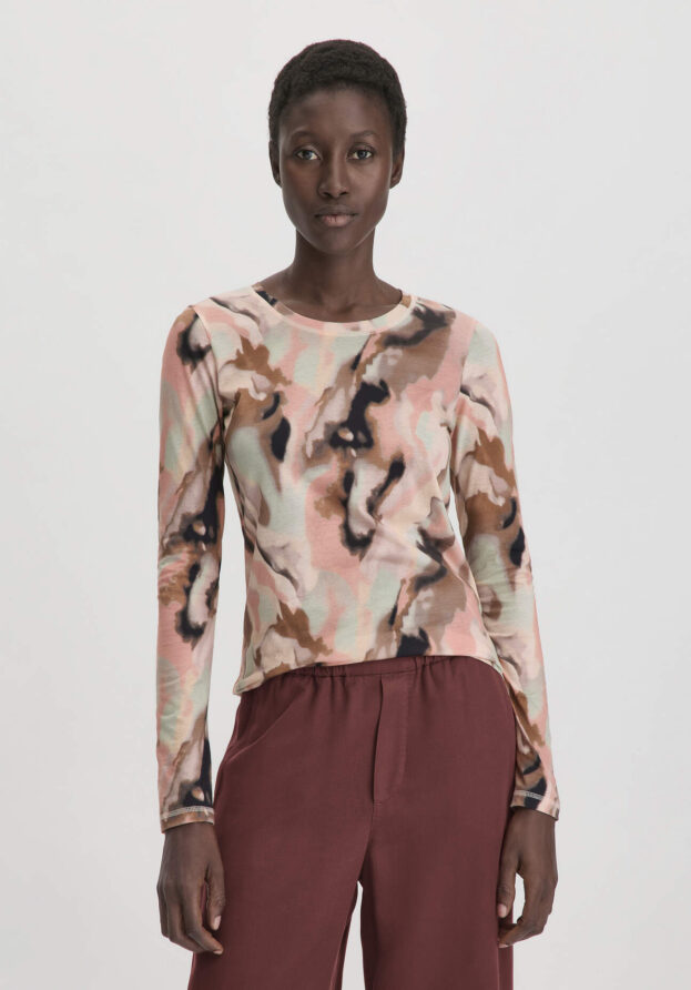 hessnatur Damen Print Premium Light Jersey Longsleeve Slim aus Bio-Baumwolle - braun - Größe 40