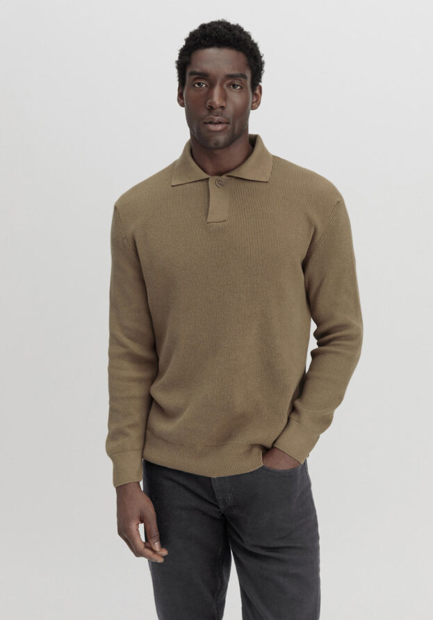 hessnatur Herren Pullover Smart Polo aus Bio-Baumwolle mit Schurwolle - braun - Größe 52
