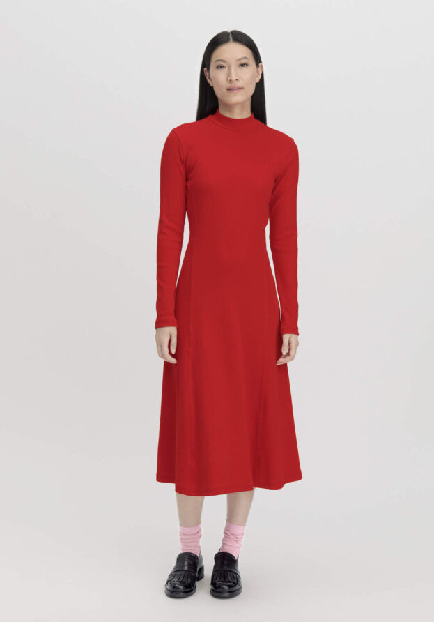 hessnatur Damen Rib Jersey Kleid Midi Slim aus Bio-Baumwolle - rot - Größe 42