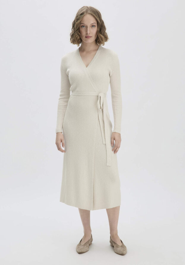 hessnatur Damen Rib Strick Kleid Midi Fitted aus Bio-Baumwolle - beige - Größe 36