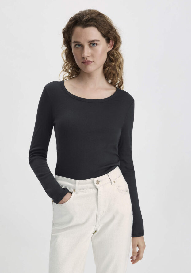 hessnatur Damen Softrib Shirt Fitted aus Bio-Baumwolle mit TENCEL™ Modal - schwarz - Größe 38