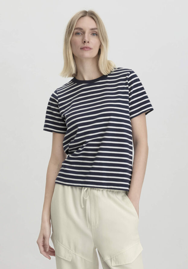 hessnatur Damen Streifen Heavy Jersey Slub T-Shirt Relaxed aus Bio-Baumwolle - blau - Größe 46
