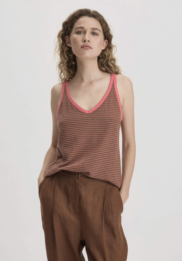 hessnatur Damen Streifen Jersey Top Regular aus Leinen und Bio-Baumwolle - braun - Größe 48