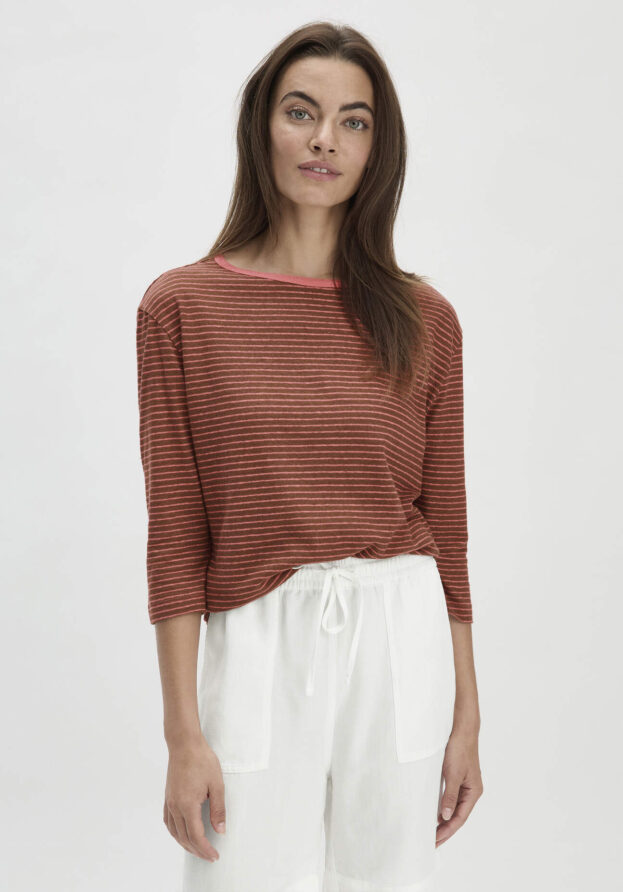 hessnatur Damen Streifen Longsleeve Relaxed aus Leinen und Bio-Baumwolle - braun - Größe 34