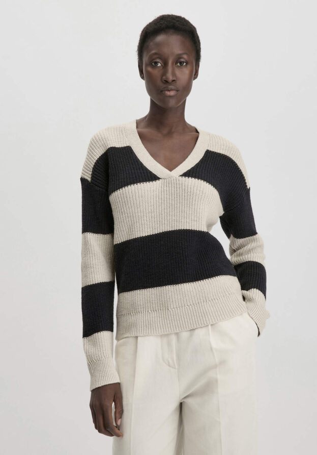hessnatur Damen Streifen Strick Pullover Relaxed aus Bio-Baumwolle - schwarz - Größe L