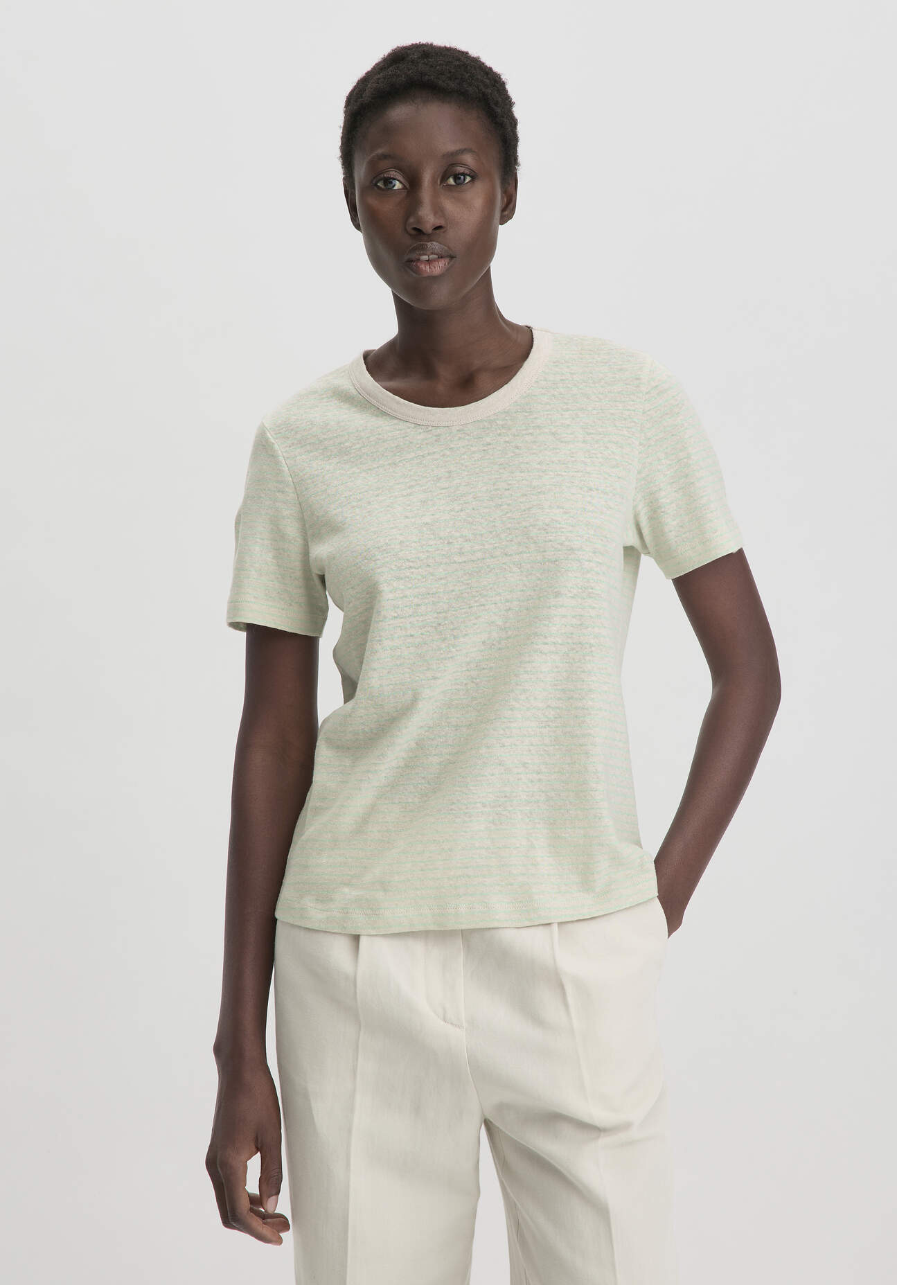 hessnatur Damen Streifen T-Shirt Relaxed aus Leinen mit reiner Bio-Baumwolle - beige - Größe 42