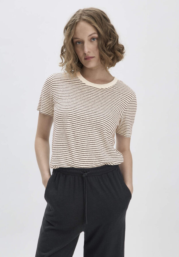 hessnatur Damen Streifen T-Shirt Relaxed aus Leinen mit reiner Bio-Baumwolle - weiß - Größe 40