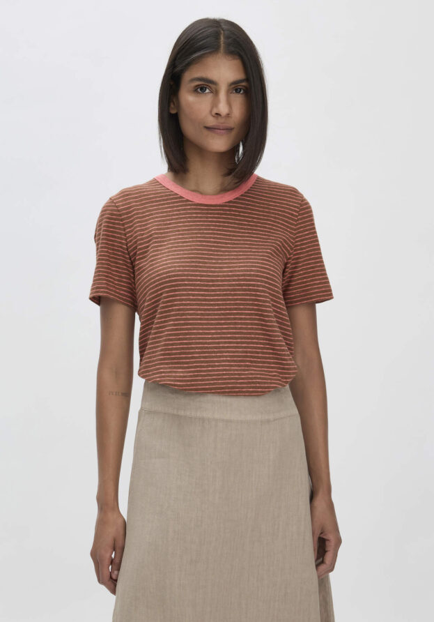 hessnatur Damen Streifen T-Shirt Relaxed aus Leinen mit reiner Bio-Baumwolle - braun - Größe 38