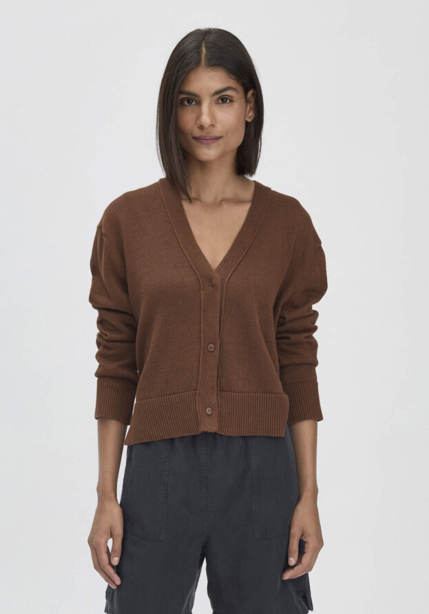 hessnatur Damen Strick Jacke Relaxed aus Bio-Baumwolle mit Leinen - braun - Größe S