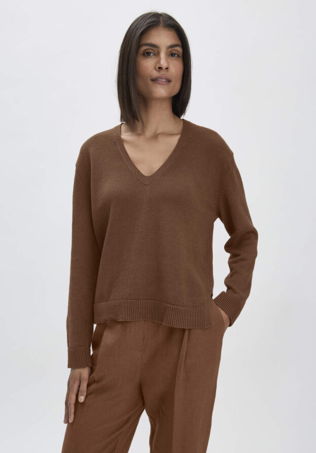 hessnatur Damen Strick Pullover Relaxed aus Bio-Baumwolle mit edlem Leinen - braun - Größe XS