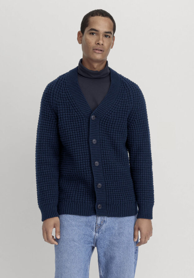 hessnatur Herren Strickjacke Regular aus Merinowolle - blau - Größe 46