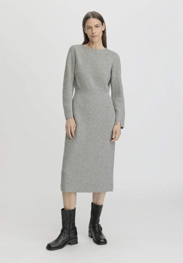 hessnatur Damen Strickkleid Midi Regular aus Bio-Baumwolle und Schurwolle - grau - Größe L