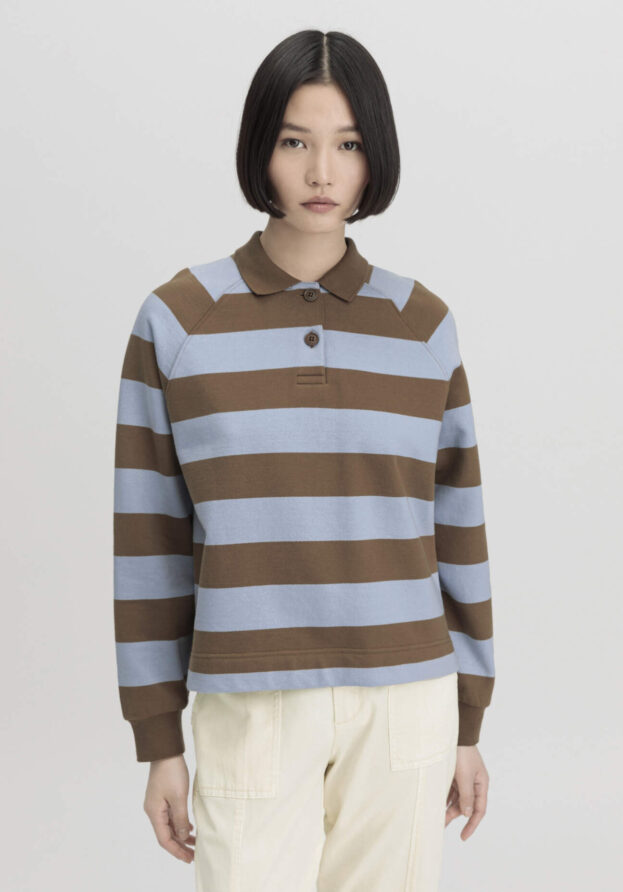 hessnatur Damen Sweatpolo Streifen Relaxed aus Bio-Baumwolle - braun - Größe M