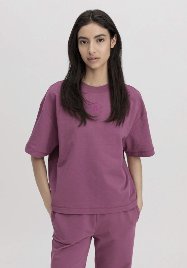 hessnatur Damen T-Shirt Cropped Oversize aus Bio-Baumwolle mit Kapok - lila - Größe 38
