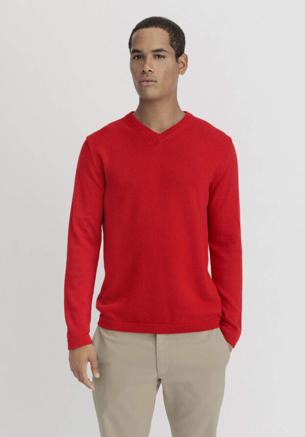 hessnatur Herren V-Pullover Regular aus Bio-Baumwolle mit Bio-Merinowolle - rot - Größe 52