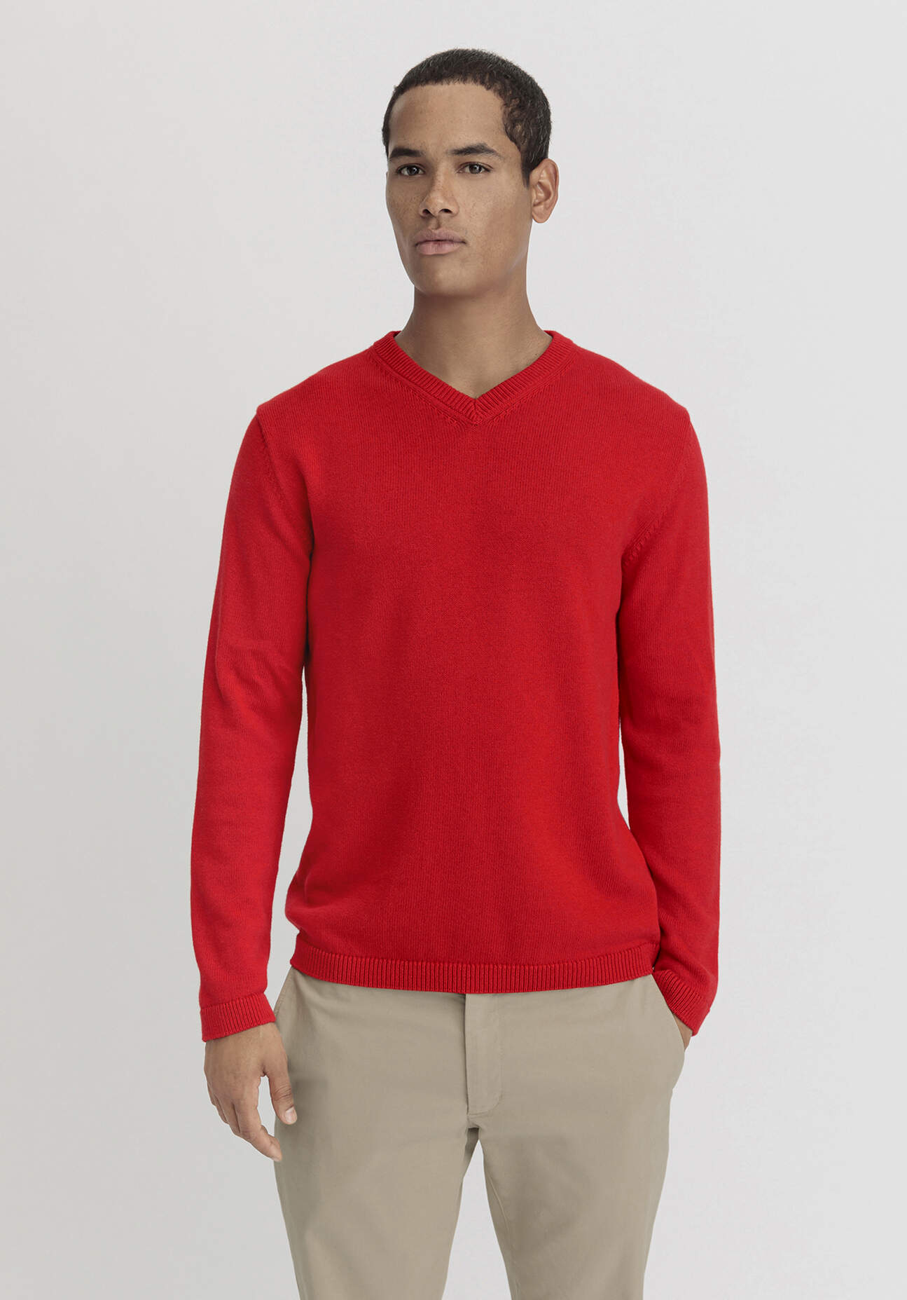 hessnatur Herren V-Pullover Regular aus Bio-Baumwolle mit Bio-Merinowolle - rot - Größe 46