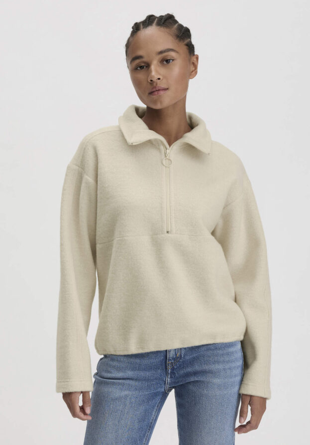 hessnatur Damen Wollfleece Troyer Relaxed aus Bio-Merinowolle mit Bio-Baumwolle - beige - Größe XS