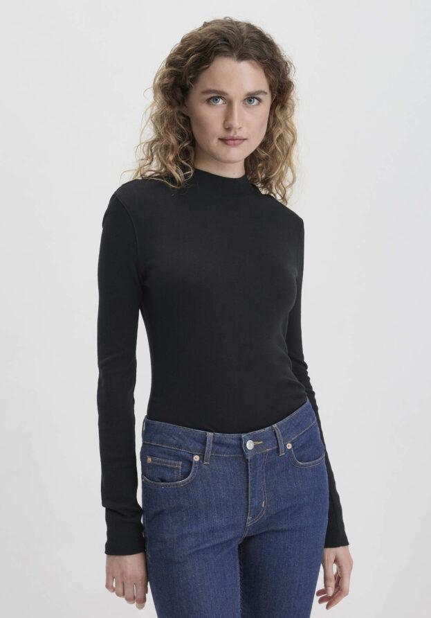 hessnatur Damen Softrib Langarmshirt Slim aus Bio-Baumwolle und TENCEL™ Modal - schwarz - Größe 42