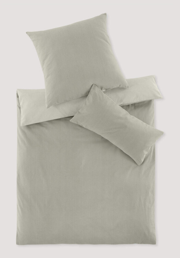 hessnatur Biber Wendebettwäsche-Set Streifen aus Bio-Baumwolle - grün - Größe 155x220 / 40x80 cm