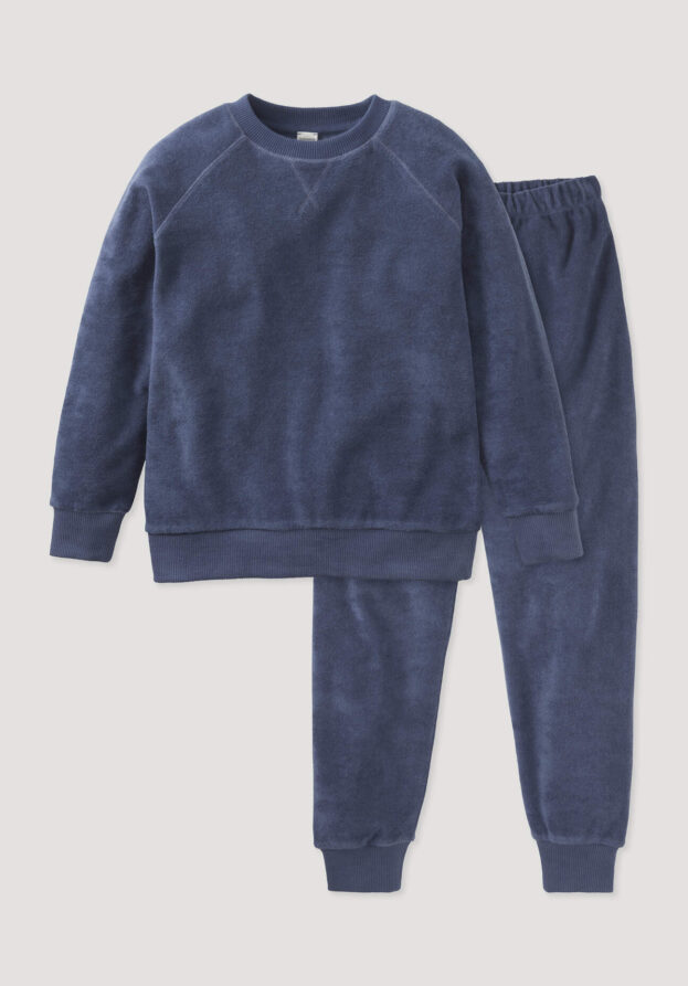 hessnatur Kinder  Frottee Pyjama aus Bio-Baumwolle - blau - Größe 134/140